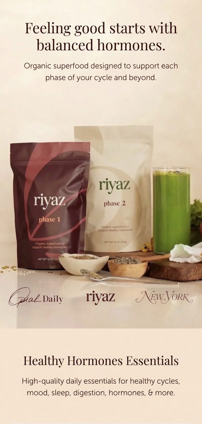 Riyaz organic superfood packages on a neutral background with text about balanced hormones.